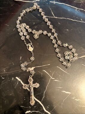 Crystal Quartz Rosary Necklace with Silver tone Crucifix